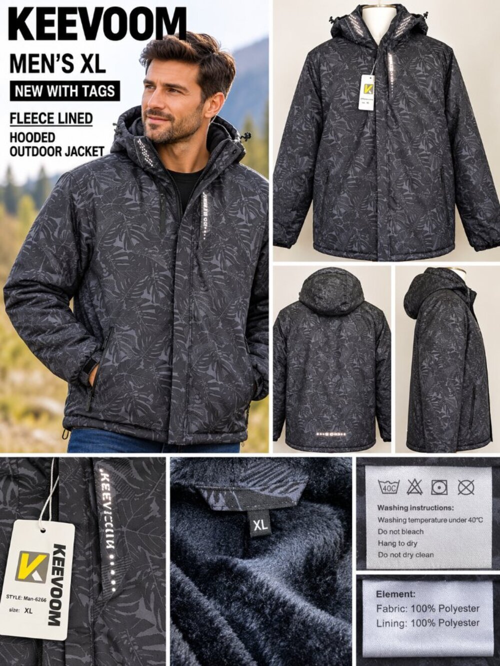 KEEVOOM Men’s XL Black Gray Leaf Print Fleece Lined Hooded Jacket NWT